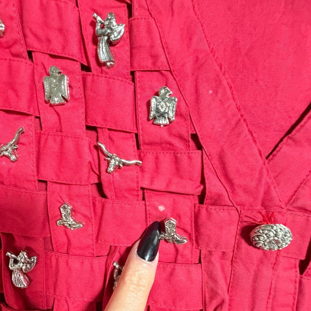 EllenVintage Red Woven Vest Western Charms Longhorn Cowboy Boot L Rodeo Festive - Picture 9 of 10